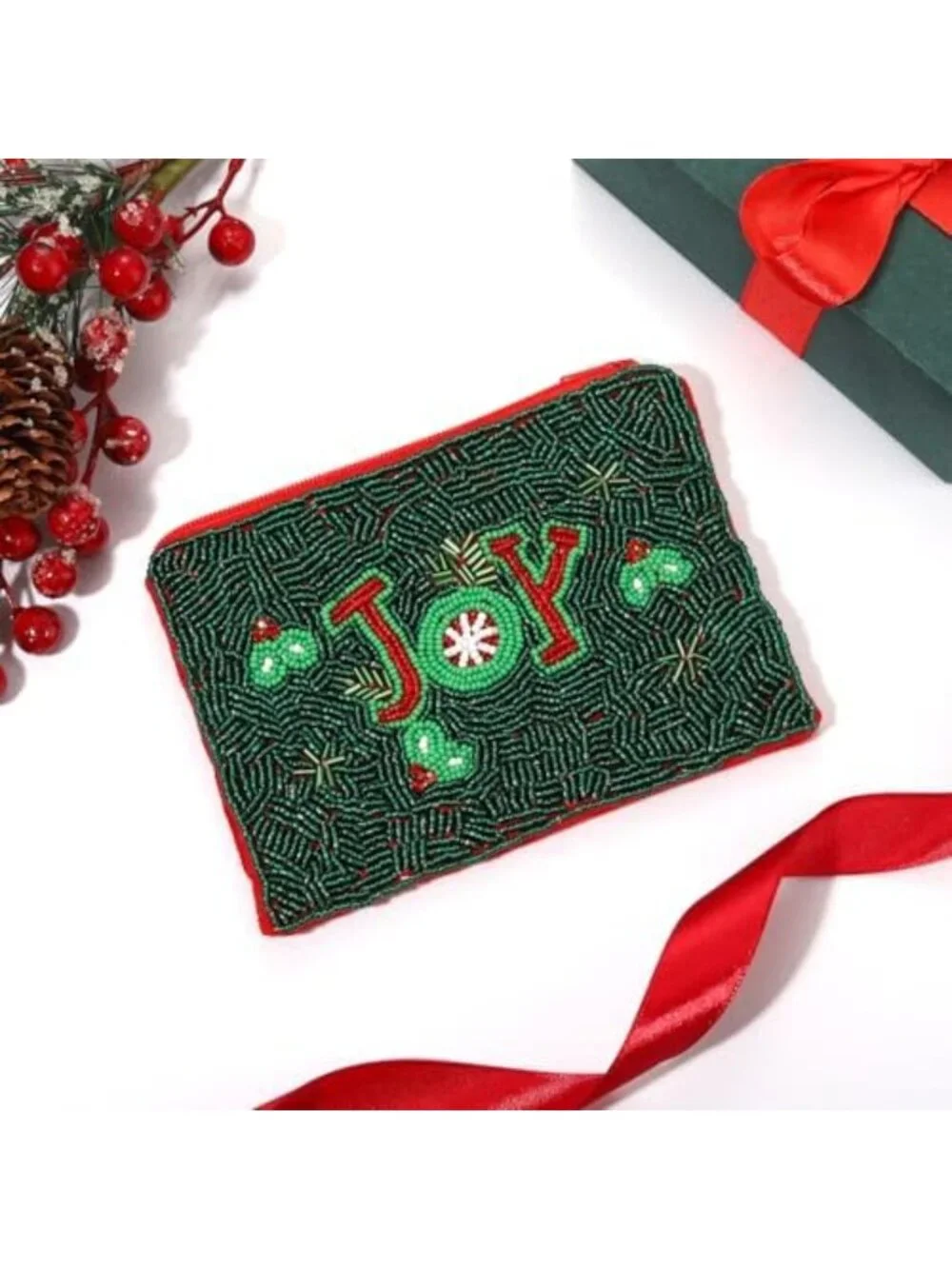 Handmade Christmas Coin Purse - Beaded Holly Jolly Wallet for Women, Zipper